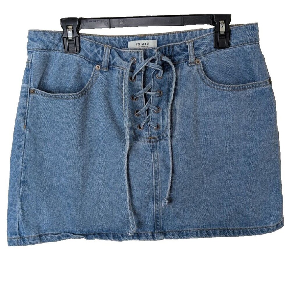 Forever 21 Women Mini Denim Skirt Y2K Light Wash Blue Lace Up Front US 30